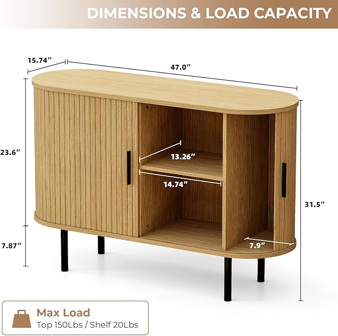 EAG Buffet Cabinet with Storage, 47" Fluted Cabinet with Sliding Doors/Adjustable Shelves/Curved Profile, Credenza Sideboard Cabinets for Living Room, Kitchen, Entryway