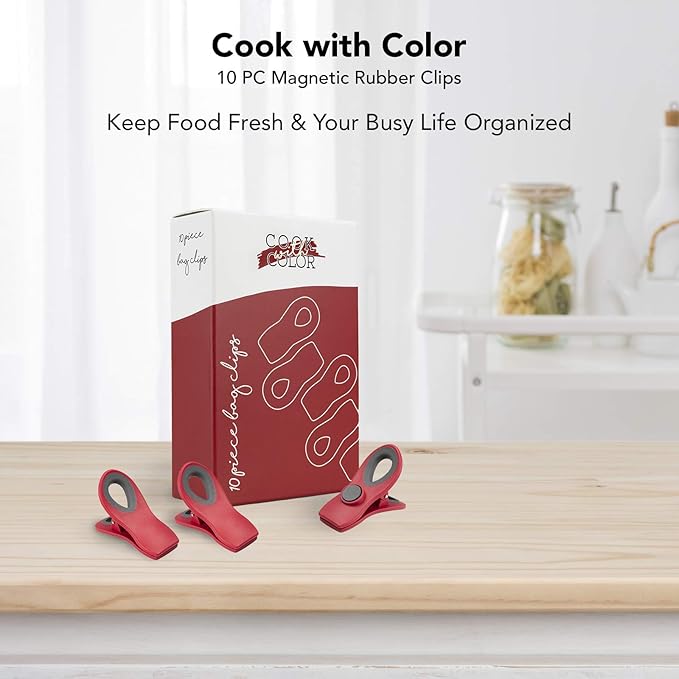 COOK WITH COLOR Bag Clips with Magnet- Food Clips, Chip Clips, Bag Clips for Food Storage with Airtight Seal Grip for Bread Bags, Snack Bags and Food Bags (Red, Pack of 20)
