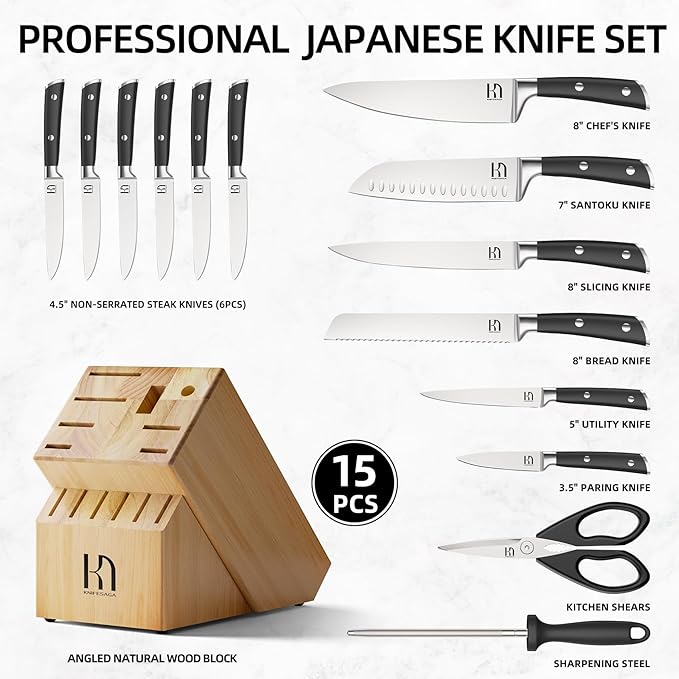 Knife Set with Block, Japanese 15 PCS Ultra Sharp Ktichen Knives Set, High Carbon Stainless Steel Knife Block Set with Sharpener, Professional Knives with Ergonomic Handle for Home Chefs