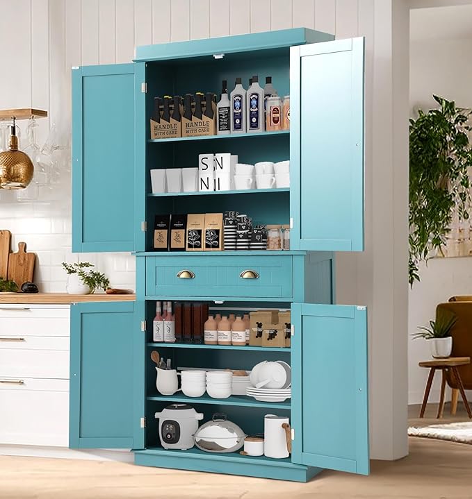 72" Kitchen Pantry Storage Cabinet, Freestanding Cupboard with 2 Cabinets, Drawer and Adjustable Shelves, Tall Storage Cabinet for Kitchen, Dinning Room, Living Room (Lake Blue)