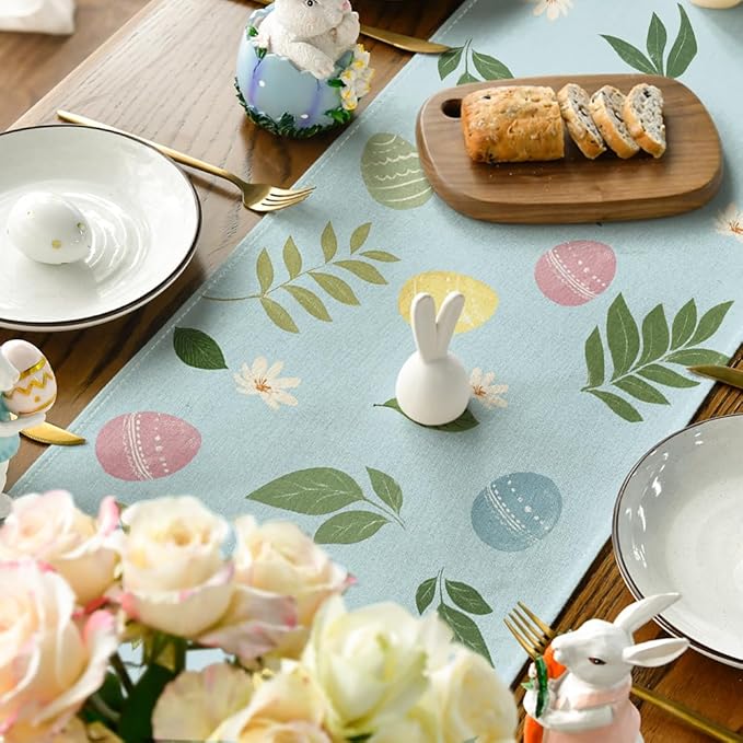 Artoid Mode Blue Bunny Eggs Leaves Flowers 210 GSM Easter Table Runner, Seasonal Spring Kitchen Dining Table Decoration for Home Party Decor 13x90 Inch