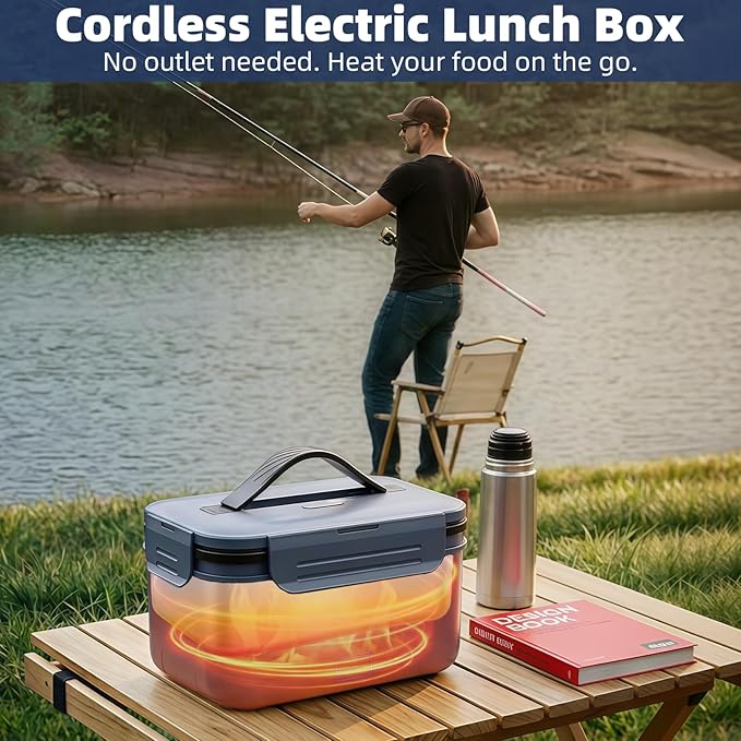 Vingud Cordless Electric Lunch Box for Adults, 1.8L Rechargeable Heated Lunch Box Food Warmer, Portable Self Heating Lunchbox for Mens/Office/Car/Travel, Lonchera El챕ctrica Port찼til Battery Powered