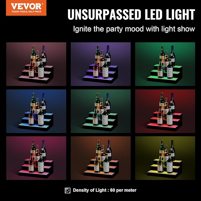 VEVOR LED Lighted Liquor Bottle Display, 3 Tiers 16 Inch Commercial Illuminated Home Bar Shelf, 3 Steps Whiskey Rack Stand, Acrylic Drink Shelves with RF Remote & App Control, and Multicolor Light