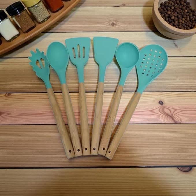 Silicone Cooking Spoons, 6-Piece Nonstick Utensil Set with Acacia Wood Handles - Heat-Resistant for Frying, Serving & Turning Spatula