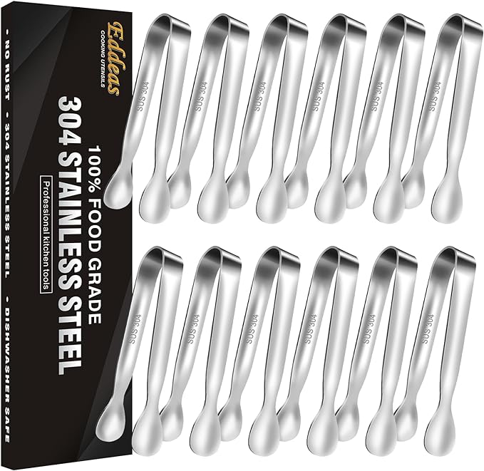 Mini Tongs For Serving Food竊똕et fo 12 Small Tongs For Appetizers竊똕mall Stainless Steel Metal Cooking Tong竊똣or Tea Party Coffee Bar, 4 inch Sugar Tong - Silver