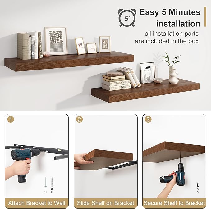 Heimlove 12" Deep Floating Shelves for Wall Shelf Over Toilet Mounted Farmhouse Long 55 inches Set of 1, Farmhouse Shelves with Invisible Brackets for Living Room, Kitchen, Bedroom,Walnut