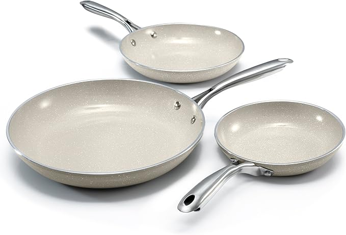 Granitestone Ceraluxe 3pc Non Stick Frying Pans Set, 8,10,12 inch Ceramic Frying Pan Skillet Set, Non Toxic Frying pans Nonstick for Cooking, Induction Ready, PFOA Free, Oven & Dishwasher Safe - Taupe