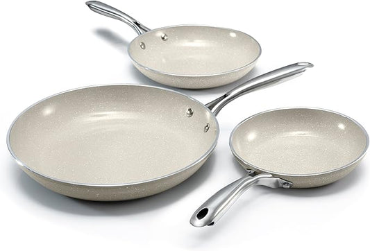 Granitestone Ceraluxe 3pc Non Stick Frying Pans Set, 8,10,12 inch Ceramic Frying Pan Skillet Set, Non Toxic Frying pans Nonstick for Cooking, Induction Ready, PFOA Free, Oven & Dishwasher Safe - Taupe