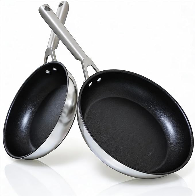 RV pan Stainless Steel Non Stick Fry Pan Set,8 & 10 Inch,Gas Electric Induction Compatible,PFOA Free,Dishwasher Safe,Oven Safe up to 500째F,2-Piece Cookware,Even Heat Distribution & Stay Cool Handles.