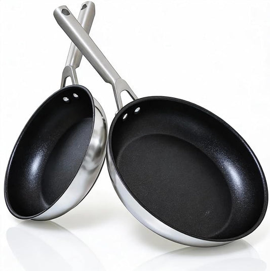RV pan Stainless Steel Non Stick Fry Pan Set,8 & 10 Inch,Gas Electric Induction Compatible,PFOA Free,Dishwasher Safe,Oven Safe up to 500째F,2-Piece Cookware,Even Heat Distribution & Stay Cool Handles.
