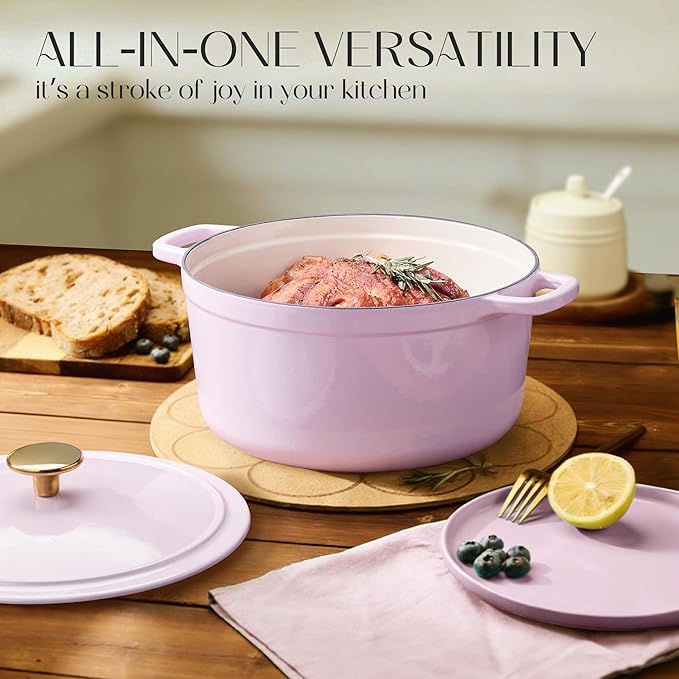 CAROTE 5QT Enameled Cast Iron Dutch Oven Pot with Lid, Heavy-Duty Dutch Ovens for Sourdough Bread Baking, Braising, Roasting, Dual Handles, Healthy & Non-Toxic, All Stovetop Compatible, Oven Safe up to 500째 F, Macaron Purple