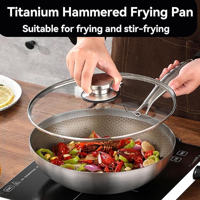 Titanium Wok for Cooking, Titanium Frying Pans, Multifunctional Ultra-Durable Scratch-Resistant Non Stick Even Heating Titanium Wok for Cooking,Includes Lid,9.44in