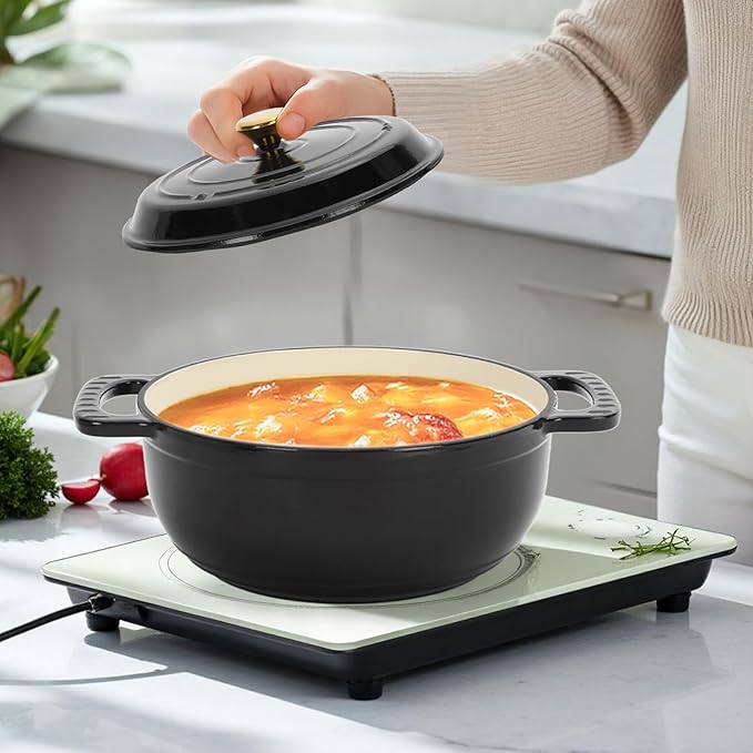 ROVSUN 5 Quart Enameled Cast Iron Dutch Oven with Lid, Dual Handles, Oven Safe up to 500째F or on Stovetop, Compatible for Braising, Stews, Roasting, Bread Baking-Black