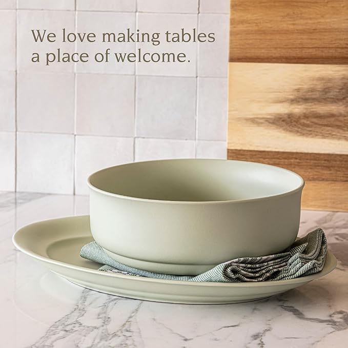 over&back Rim Serving Bowl - Stoneware Dishes - All-Occasion Place Settings - Perfect for Salads, Pastas, Snacks, and More - 10" x 10" x 3.7" - Semi-Matte Sage