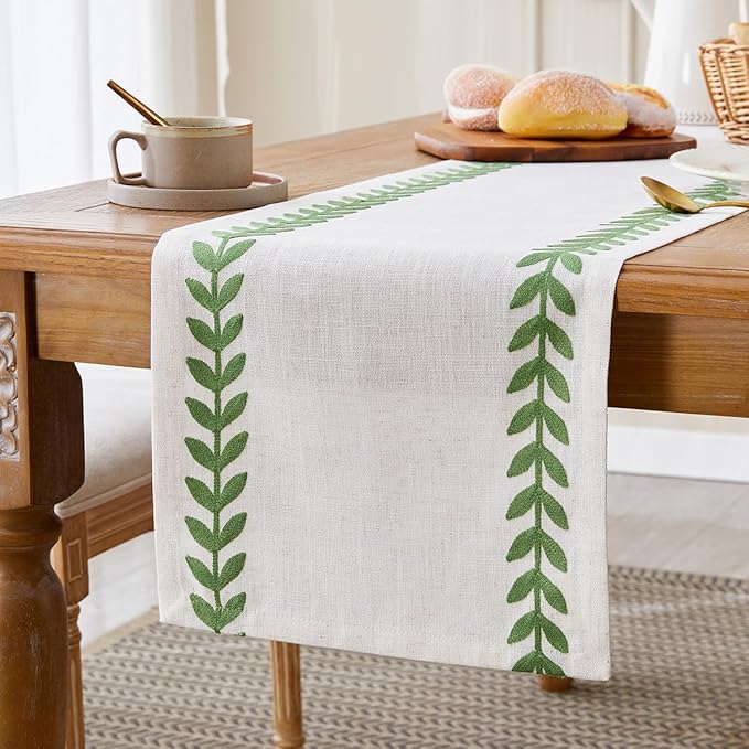 Wracra Embroidered Table Runner Irregular Willow Leaf Table Runners 60 Inches Long for Dresser Home Dining Table Decor,14 x 60 Inch, Green