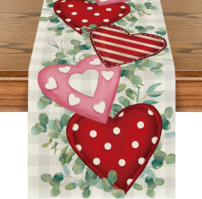 Artoid Mode Eucalyptus Polka Dot Hearts Valentine's Table Runner, HoliKitchen Dining Table Decoration for Home Party 13x36 Inch