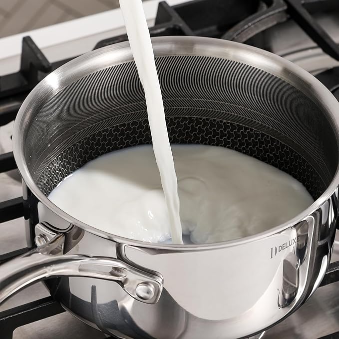DELUXE Hybrid Ceramic Nonstick 1.3-Quart Saucepan with Tempered Glass Lid, Stainless Steel Pot with Stay-Cool Handle, Dishwasher Oven Safe, Induction Ready, Compatible with All Cooktops