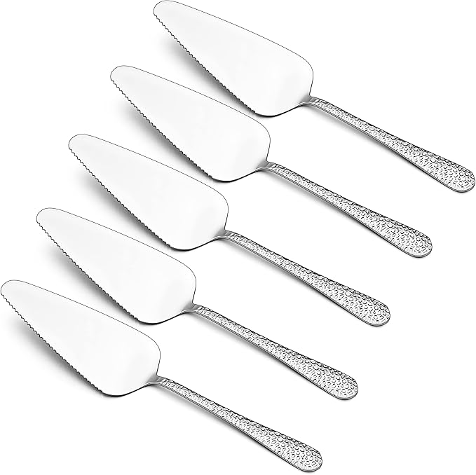 5-Piece Pie Server, E-far Hammered Stainless Steel Cake Server Spatula Cutter for Pastry Cheese Pizza, Serrated Edge with Round Handle, Mirror Polished & Dishwasher Safe-9 Inch