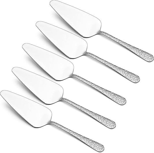 5-Piece Pie Server, E-far Hammered Stainless Steel Cake Server Spatula Cutter for Pastry Cheese Pizza, Serrated Edge with Round Handle, Mirror Polished & Dishwasher Safe-9 Inch
