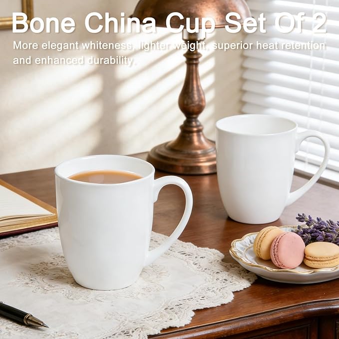 Plain White Fine Bone China Blank Coffee Mugs Set of 2, 11 Oz Tea Cups with Large Handle, Lightweight Ceramic Coffee Mugs, Aesthetic Coffee Cups
