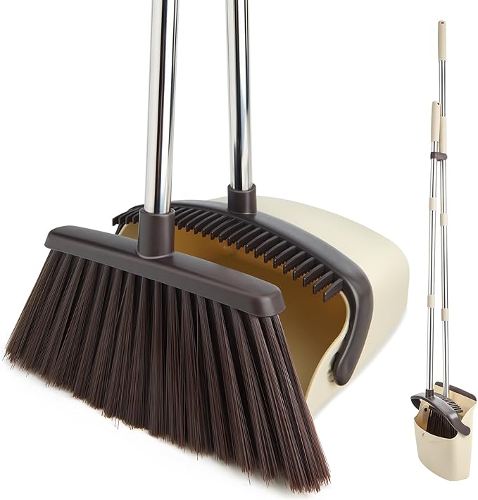 Broom and Dustpan Set with Long Handle, Heavy Dust Broom and Dustpan Combo for Home竊똊itchen, Office, Pet Hair(Beige)