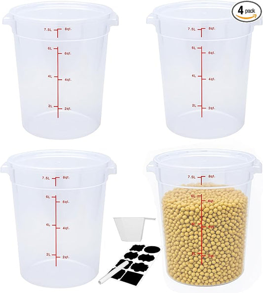 Round Food Storage Container with Lid, 8Qt Translucent, Commercial 4 Pack of ??NSF Listed, BPA-Free, Polypropylene, Non-Stick, Scale, with Labels & Measuring Cups