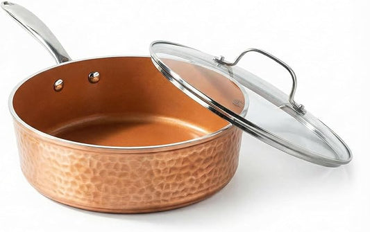 GOTHAM STEEL 4 Qt Saute Pan with Lid, Large Nonstick Skillet for Cooking, 12??Hammered Deep Frying Pan, Family Sized Pans, Ceramic Coating for Sauce, Induction Ready Oven & Dishwasher Safe, Non Toxic