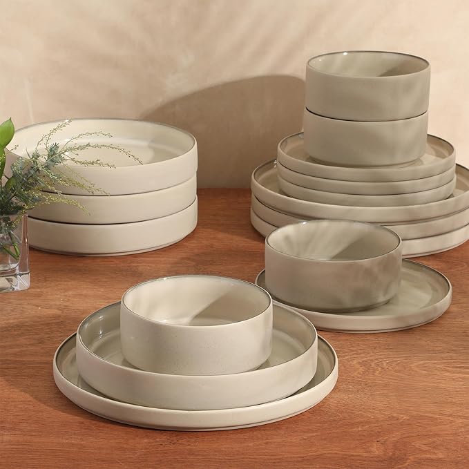 Gibson Elite Liberty Bay 16-Piece Pottery Clay Stoneware Dinnerware Set ??Taupe Reactive Glaze, Stackable Plates and Bowls W/Pasta Bowl, Service for 4 ??Microwave & Dishwasher Safe