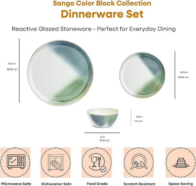 Sango 12 Pieces Stoneware Dinnerware Set, Glossy Blue, Green & White Dishes for 4, Premium Plates and Bowls Sets, Chip Resistant, Ceramic Kitchen Dish Set, Microwave & Dishwasher Safe, Color Block