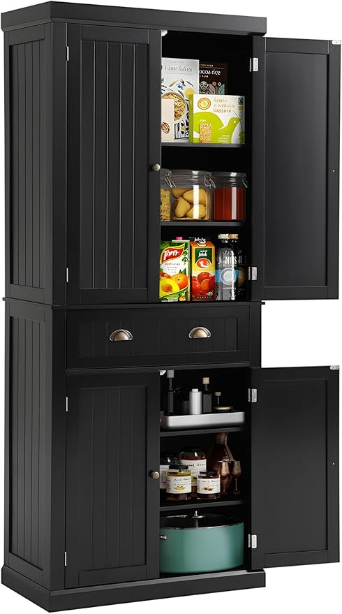 72" Kitchen Pantry Storage Cabinet, Freestanding Cupboard with 2 Cabinets, Drawer and Adjustable Shelves, Tall Storage Cabinet for Kitchen, Dinning Room, Living Room (Black)