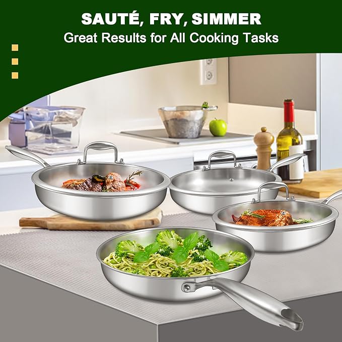EWFEN 12 Inch Tri-Ply Stainless Steel Frying Pan, Compatible with All Cooktops Up to 600?? Large Frying Pan with lids, Induction-Ready Skillet, Dishwasher and Oven Safe, Fast & Even Heat, Heavy Duty