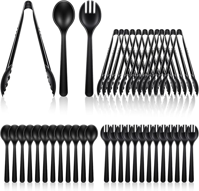 36 PCS Disposable Serving Utensils, Black Plastic Spoons Forks Tongs 12 Set Heavy Duty Party Utensils Set for Restaurant Buffet Wedding Banquet Dinner Party Salad Soup Noodles