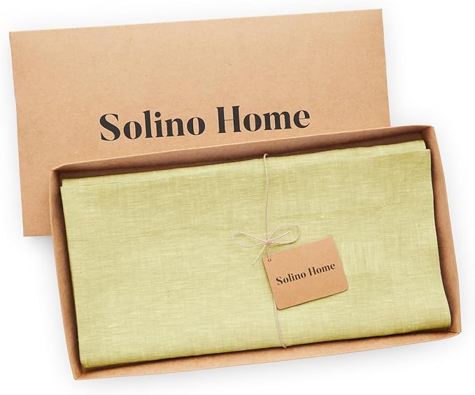 Solino Home Linen Tablecloth 52 x 52 Inch - 100% Pure Linen Square Table Throw - Athena, Machine Washable Chambray Yellow Tablecloth for Spring, Easter