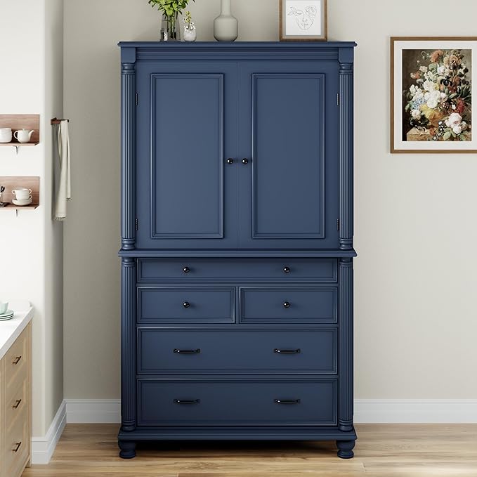 Merax 77" Tall Large Kitchen Pantry Storage Cabinet with 2 Doors & 2 Adjustable Shelves & 5 Drawers & 6 Side Door Shelves, Modern Freestanding Food Pantry for Dining Room, Living Room, Blue