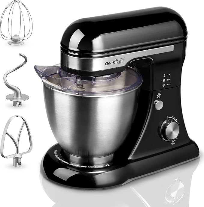 Geek Chef Electric Stand Mixer, 4.8QT 12 Speeds Tilt-head Food Mixer with Dough Hook, Whisk, Beater, Bowl, Rotary Knob for Home Kitchen Use, Black