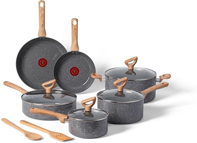 T-fal Revive Ceramic Cookware Sets, Pots and Pans Set Nonstick, (12 pieces), Ceramic Non stick Coated, Frying Pan, Oven Safe Up To 350째F, Grey Granite