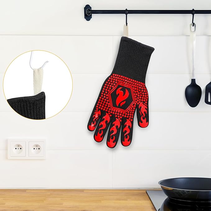 QUWIN BBQ Gloves, Oven Gloves 1472??Extreme Heat Resistant, Grilling Gloves Silicone Non-Slip Oven Mitts, Kitchen Gloves for BBQ, Grilling, Cooking, Baking-1 Pair??(One Size(Long Cuff), Red)