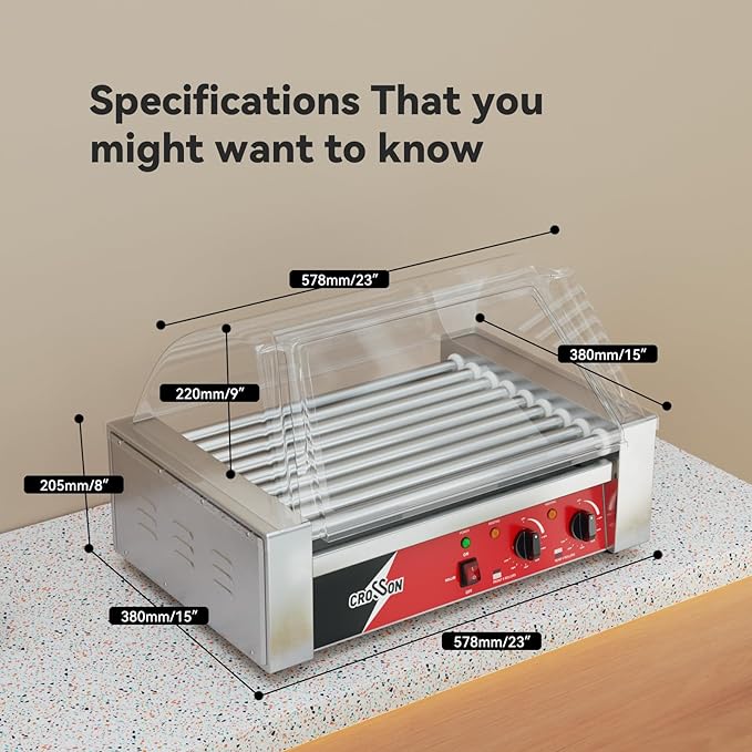 CROSSON Hot Dog 9 Roller Grill Cooker Machine with Transparent Sneeze Guard,9 Nonstick 304SS Rollers and Dual Temp Control,Commercial Hot Dog Cooker Machine-120V, 1350W