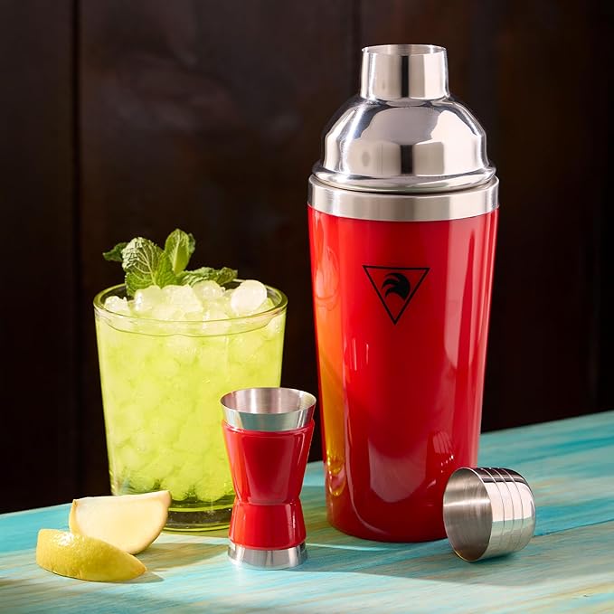 Cocktail Shaker Set 17oz ??Red Stainless Steel Cobbler Shaker with Jigger, Leak-Proof & Non-Slip Base ??Premium Bar Tool