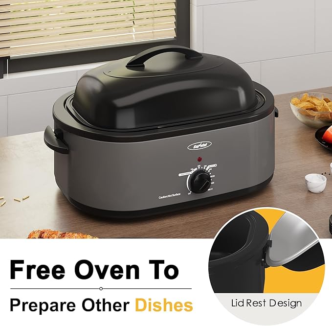RoyalCraft 26-Quart Electric Roaster Oven with Visible Self-Basting Lid, Turkey Roaster Oven with Removable Pan and Rack, Perfect for Large Meals and Holiday Feasts, Grey