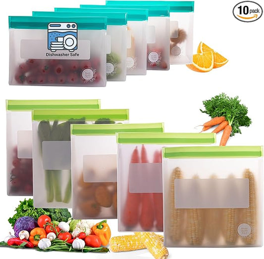 Reusable Food Storage Bags ??10-Pack Stand-Up, BPA-Free, Freezer, Dishwasher Safe & Eco-Friendly ??5 Gl, 5 L Bags ??Airtight Leakproof Ziplock Bags for Kitchen Storage (Multicolor)