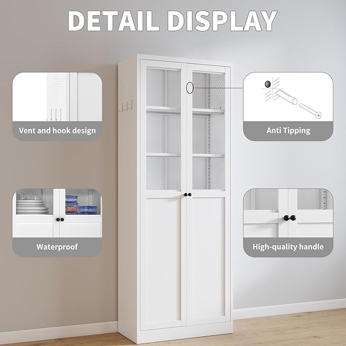 72 Inch Tall Metal Pantry Cabinet, Kitchen Pantry Storage Cabinets with Adjustable Shelves, Metal and Glass Pantry Cabinet for Kitchen Dining Room Living Room Bathroom, White