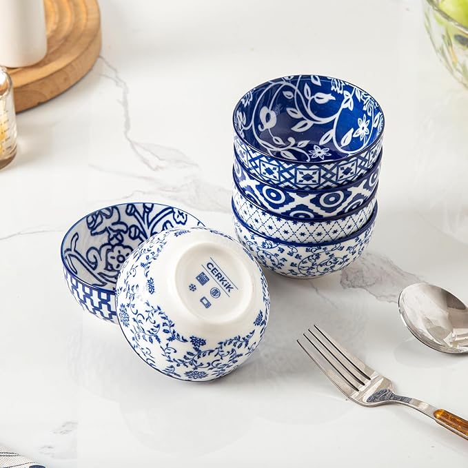 Cerkik Ceramic Dipping Bowls Set - Mini 4 Oz Dessert Bowls - Small 3.5 Inch Porcelain Bowls for Side Dishes, Snack, Yogurt, Appetizer - Microwave Dishwasher Safe - Set of 6 - Vintage Blue