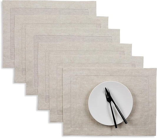 Solino Home Linen Cloth Placemats Set of 6-100% Pure Linen Hemstitch Light Natural Placemats 14 x 19 Inch - Classic Hemstitch Table Place Mats for Spring, Easter
