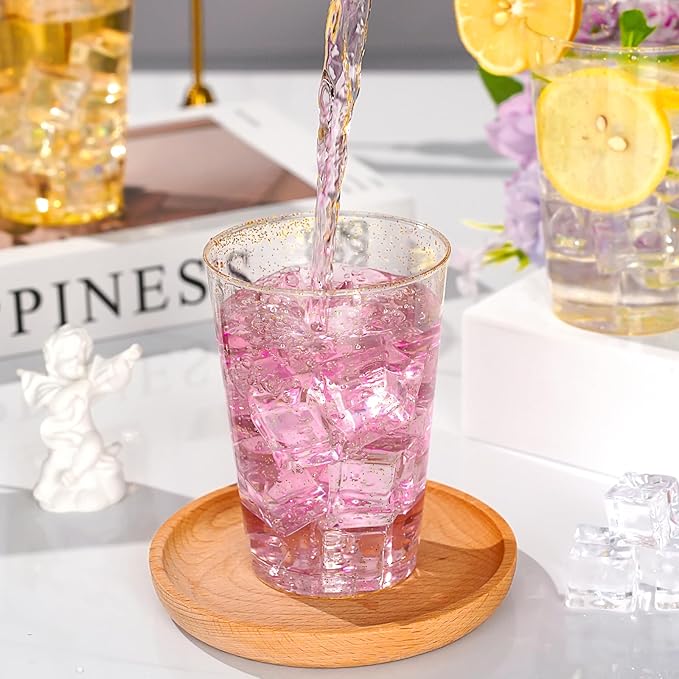 Goodluck 12 oz 50 PCS Gold Glitter Plastic Cups, Disposable Glitter Cups, Elegant Plastic Cocktail Glasses, Fancy Party Cups for Wedding, Birthday, Holiday