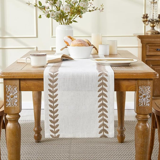 Wracra Embroidered Fall Table Runner Irregular Willow Leaf Table Runners 90 Inches Long for Dresser Home Dining Table Decor,14 x 90 Inch, Taupe