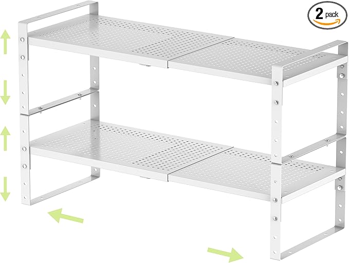 Expandable Shoe Rack Heavy-Duty Closet Organizer Adjustable Shelf Stackable Metal Framework for Entryway, Garage,RV,Pantry,Cabinet(Large,2 Packs/White)