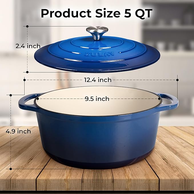 Zulay Kitchen 5 Quart Enameled Cast Iron Dutch Oven Pot with Lid ??Premium Durability & Oven Safe up to 500째F ??Heavy Duty Cookware Perfect for Bread Baking, Stews, Braising & Roasting ??Blue