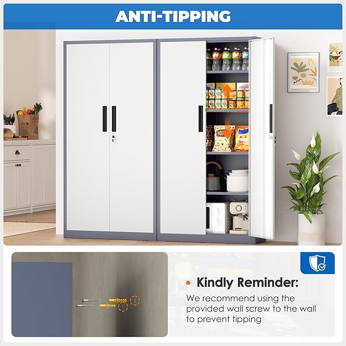 INTERGRAET 63" Tall Pantry Cabinet,Kitchen Pantry Storage Cabinets with 2 Doors and 4 Shelves,Gray White Metal Storage Cabinet,Cupboard for Home,Kitchen,Living Room/Dining