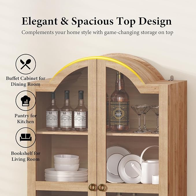 EasyCom 71 Tall Arched Pantry Cabinet, Farmhouse Wood Kitchen Cabinet with 2 Large Drawers, 4-Tier Storage Cabinet with Adjustable Shelf & Magnetic Clasp Doors for Living Room, Dining Room, Natrual